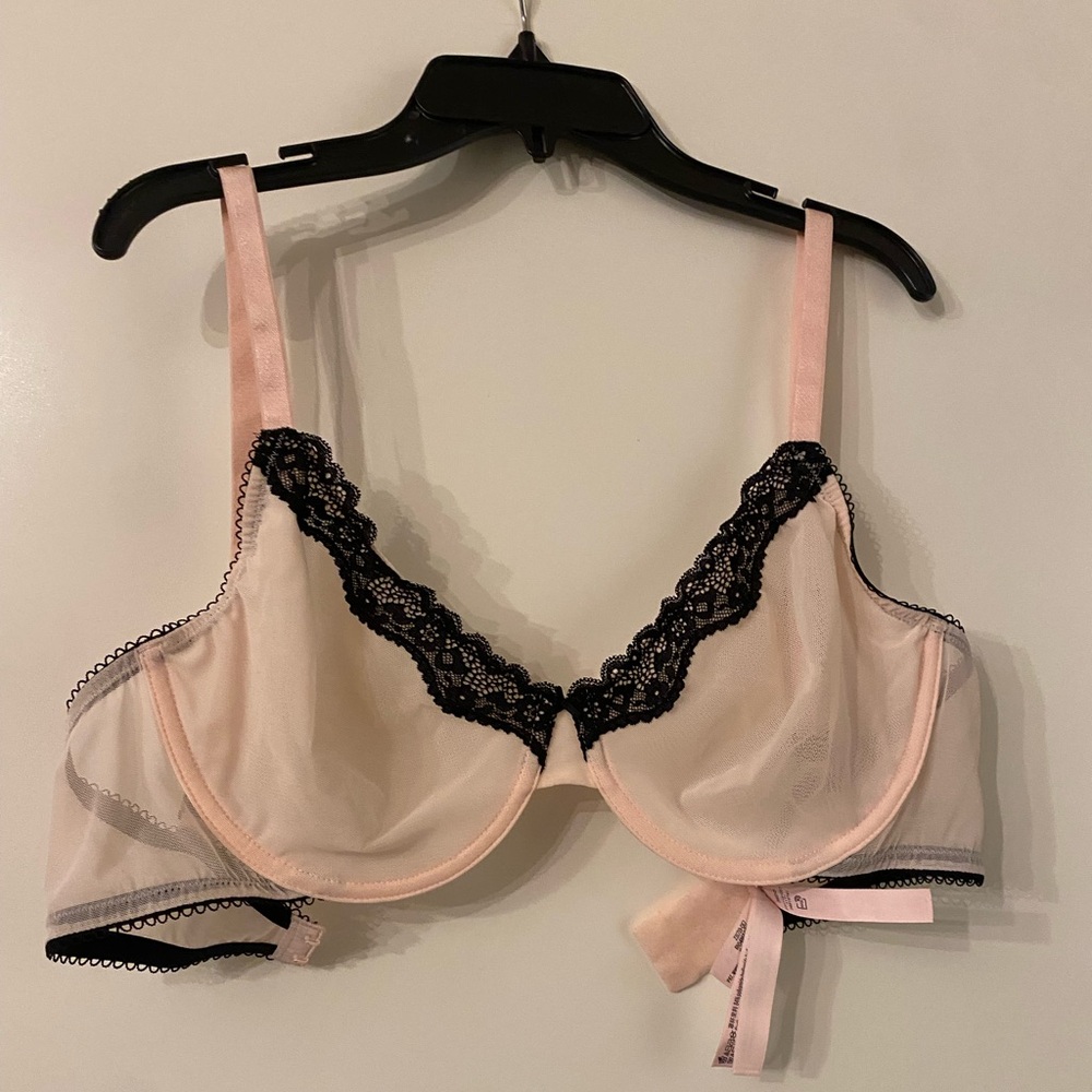 Victoria's Secret Tease Unlined Pink and Black Lace Demi Bra